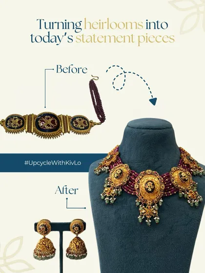 An old, outdated necklace with blue enamel was reimagined into a stunning bridal piece. We used the original motifs, added natural rubies and pearls, and even created a three-finger ring from a spare jhumka.