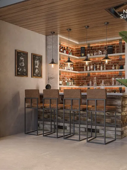 A statement home bar from our Modernist series. The design uses a mix of reclaimed wood, exposed brick, and industrial metal for the bar stools, creating the perfect social spot for memorable gatherings.