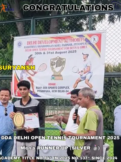 Presenting the Men's Runner-Up trophy to our player Suryansh at the DDA Delhi Open Tennis Tournament. Competing in the men's category for the first time, he showed incredible grit and skill.