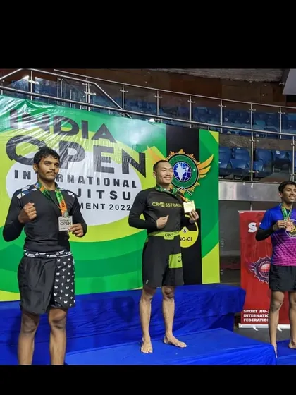On the podium after winning silver at the India Open International Jiu-Jitsu tournament.