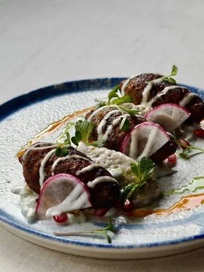 Deliciously spiced meatballs served on a bed of baba ghanoush and garnished with radish and pomegranate.