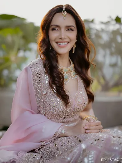 A lovely portrait of the bride-to-be, Shazahn Padamsee, at her roka ceremony. Her radiant smile and the soft, golden hour light create a warm and joyful image.
