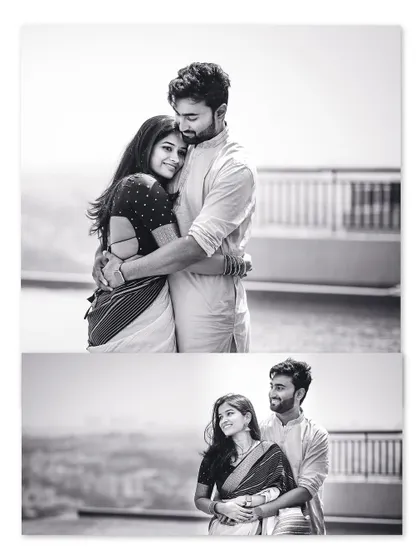 A black and white collage of a couple's anniversary shoot, showing their comfortable and loving embrace.
