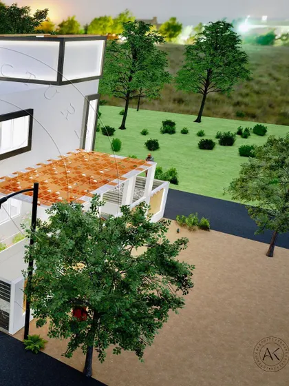 An alternate angle of the Ilkal project, showcasing the interplay between solid walls, open terraces, and decorative screens. The design redefines elegance by weaving together contemporary living with traditional charm.