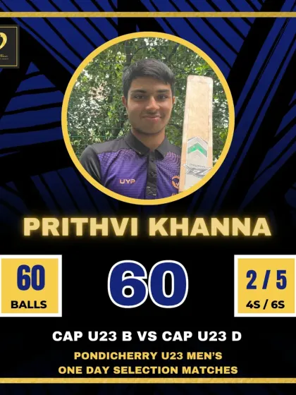 Prithvi Khanna shines in the Pondicherry U23 selection matches with a solid 60.