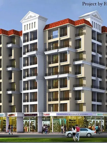 This is the architectural design for "Krishna Villa," a completed apartment building in Ulwe, Navi Mumbai. The project features a traditional design with sloping red-tiled roof elements, housing 49 apartments and 11 shops.