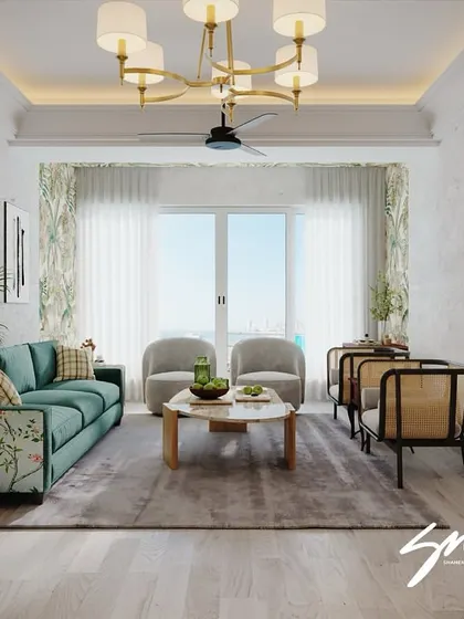 More renders from a new project, this time showcasing a living room with a beautiful floral sofa and coastal decor elements. This stage is all about bringing the client's vision to life on screen.