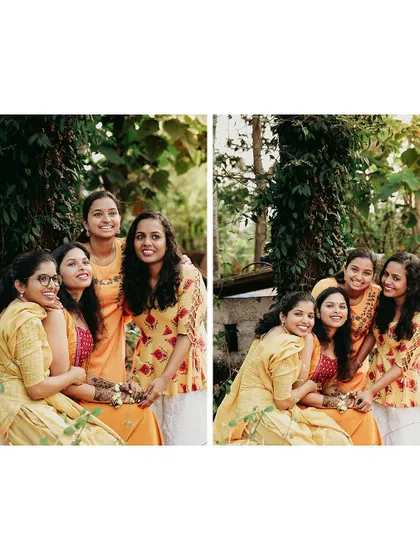 A happy group photo of the bride and her friends at the Haldi ceremony.