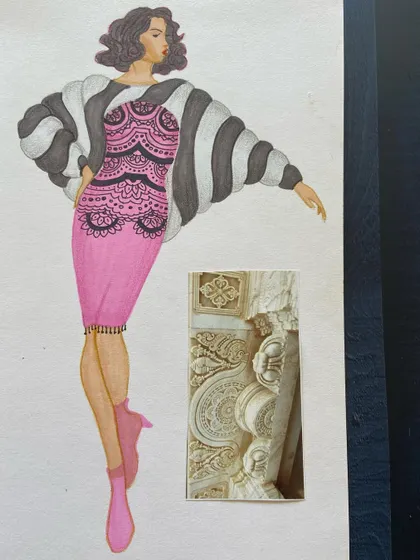 An illustration inspired by architectural details, translating stone carvings into a printed dress with a voluminous striped jacket.