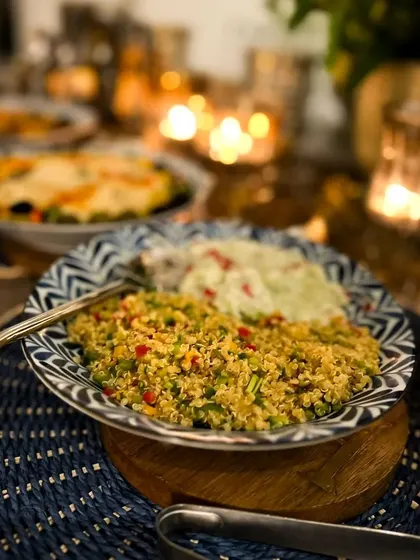 Another shot of our quinoa salad, a healthy and delicious option for any event. The dish is served in a beautiful patterned bowl, reflecting our attention to presentation.
