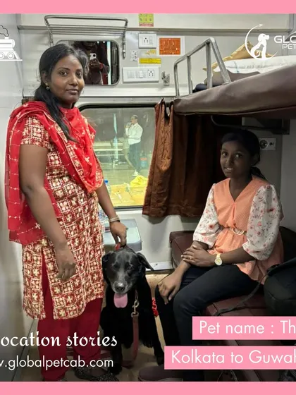Theo and his family in their train cabin, journeying from Kolkata to Guwahati. We ensure that pets and their families can travel together comfortably on Indian Railways.