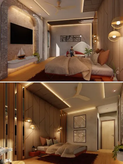 A collage showing a bedroom design that combines dark teakwood, plush beige textiles, and rustic wall textures. The space includes a comfortable bed, a reading nook, and warm, ambient lighting for a haven of comfort.