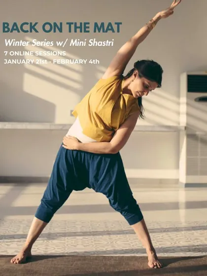 "Back on the Mat" winter series announcement. This online program combines dynamic yoga, inversions, and Yin to manage winter heaviness and boost immunity.