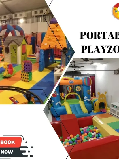 This collage highlights two large indoor playzones. The top one, set up in a tent, features a train track, climbing wall, and playhouses. The bottom one shows a bouncy castle and ball pit in a home living room.