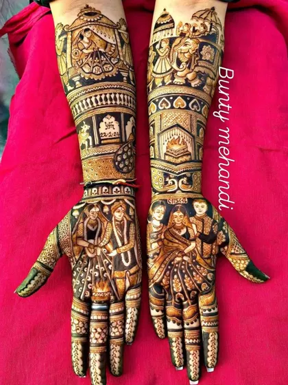 A grand bridal design showing multiple wedding scenes, from the doli procession on the arms to family portraits on the palms.