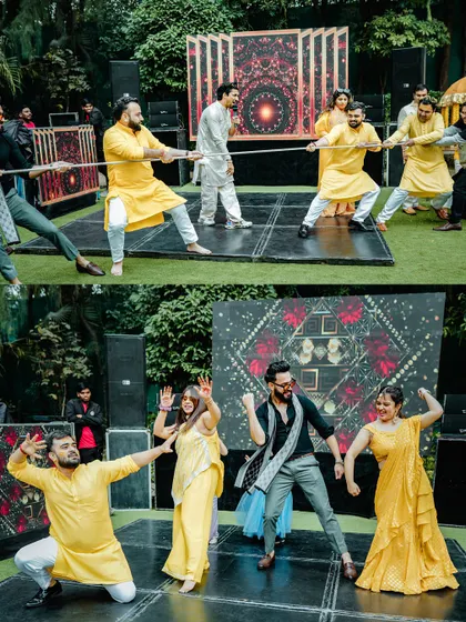 The Haldi ceremony is full of fun and games. I love capturing the competitive spirit of a tug-of-war and the energetic dance-offs between the two families.
