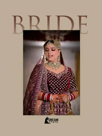 A classic three-quarter portrait of a bride in her deep maroon velvet lehenga, looking elegant and poised.