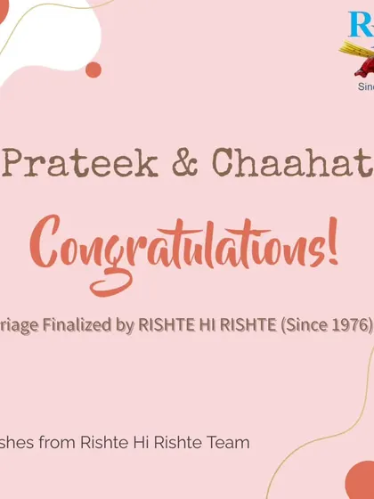 Congratulations to Prateek and Chaahat on their marriage. We take pride in making successful matches for our clients in Delhi NCR and beyond.