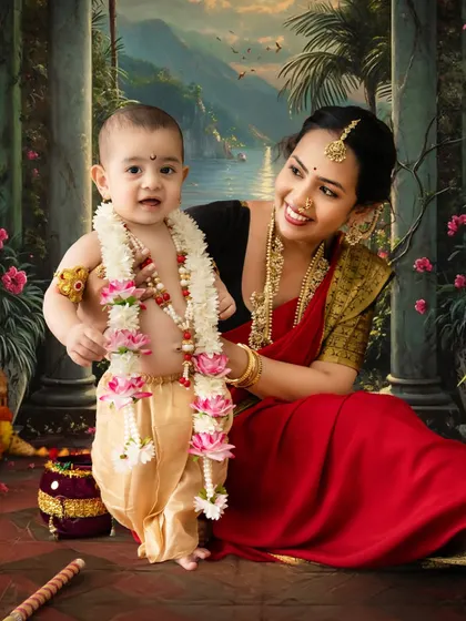 A happy baby Krishna with a floral garland, held by his loving mother.