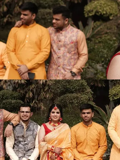 A collage showing the bride with her family and friends during the Haldi, capturing group portraits and candid smiles.