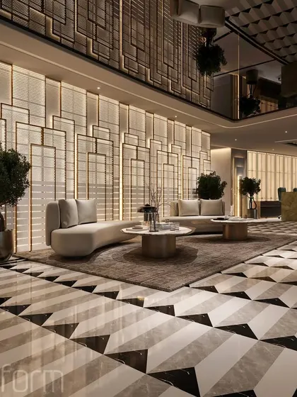 The lobby of this high-end real estate firm in Gurgaon was designed to be a powerful first impression. I used a dynamic synergy of contemporary forms, geometric flooring, and state of the art technology to create a space that communicates innovation and authority from the moment one steps inside.