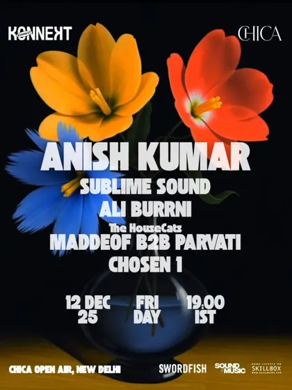 A poster for a night of house and techno featuring Anish Kumar and others at an open-air venue in New Delhi.