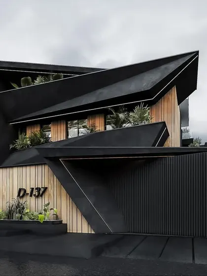 This farmhouse facade concept embraces rustic charm with bold geometric precision. The angular black forms contrast with natural wood panels, creating a harmony between man-made design and the raw beauty of the landscape.