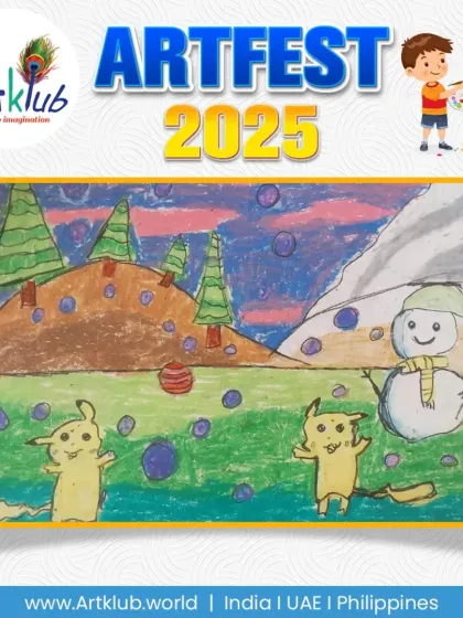 A whimsical winter scene featuring two Pikachu-like creatures playing with a snowman. This junior artist combined popular characters with a seasonal theme.