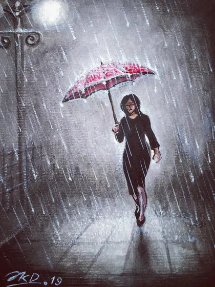 I created this acrylic painting of a woman walking in the rain at night. I wanted to capture the mood of a rainy evening, playing with light from the streetlamp and reflections on the wet pavement.
