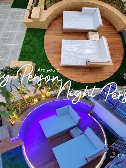 Day person or night person? This image shows the same circular sunken seating area on a terrace, both in daylight and lit up with purple LED lights at night, showcasing its versatility.