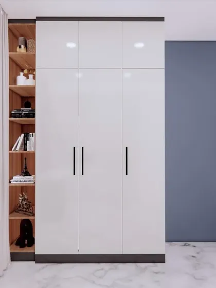 A render of a sleek white wardrobe with open wooden shelving on the side, offering a mix of concealed and display storage.