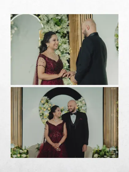 A diptych showing the couple exchanging rings and sharing a look of love during their engagement or reception ceremony.