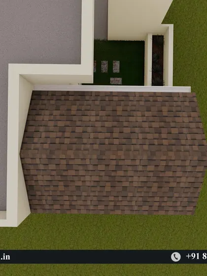 Another top-down view from the 3D model, showing the shingle roof from a different angle.