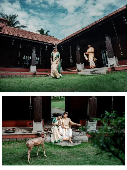 A collage from a pre-wedding shoot at a heritage home, featuring a playful moment with a deer and a romantic pose on the steps.