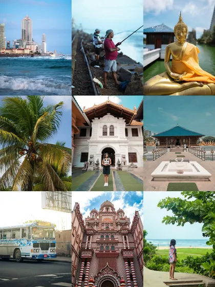 A collage of my travels through Colombo, Sri Lanka. It features the city's coastline, iconic landmarks like the Red Mosque, and peaceful Buddhist temples.