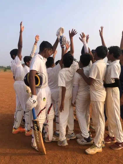 Celebrating a comprehensive team win and a brilliant half-century by our U-12 all-rounder Vikhyath Dodla. Team huddles and celebrations show the strong spirit within our cricket squads.