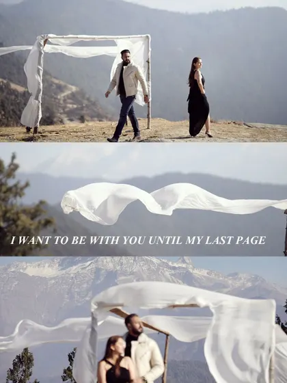 A collage showing a couple against a backdrop of snow-capped mountains. The flowing white fabric adds a dreamy, ethereal element to their pre-wedding story.