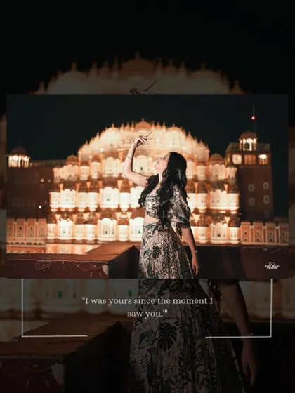 A solo portrait of the bride in front of Hawa Mahal at night, her pose echoing the elegance and grace of the palace itself.