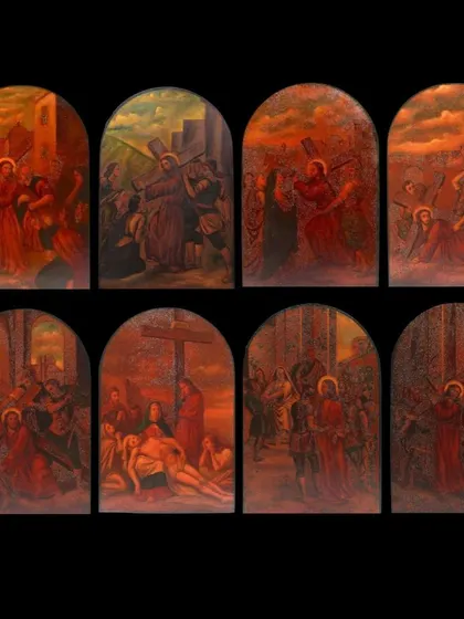 A composite image showing the complete set of eight oil paintings depicting Jesus Christ's steps to crucifixion. This gives a sense of the entire narrative, a rare surviving collection from c. 1850 Jerusalem.