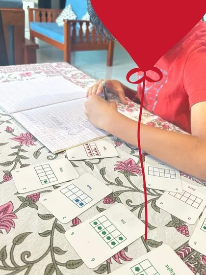 A snapshot from a tutoring session where we used Yonjuu cards to explore place value and division. The visual nature of the cards helps make these abstract concepts more concrete and understandable for learners.