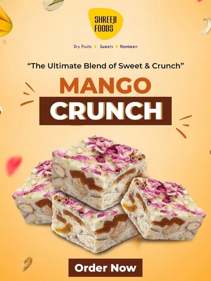 During mango season, I make this special Mango Crunch sweet. It's a unique blend of creamy mango flavor and the crunch of nuts, a perfect summer dessert.