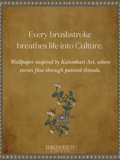 Every brushstroke breathes life into culture. This graphic highlights a single Kalamkari motif of an elephant and flowers, illustrating how my wallpapers translate painted threads into flowing stories.