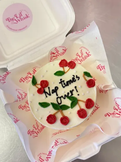 We were so excited to create this cheeky "Nap time's over!" cherry-themed bento cake for influencer Masoom Minawala. It's a fun example of how we can create custom cakes with playful messages.