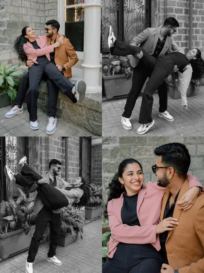 A fun, black and white collage of a couple in various playful poses, including lifting and dancing. This collection of shots perfectly captures their fun-loving personalities.