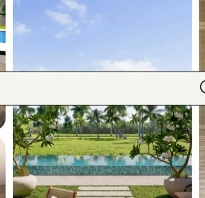 A mood board collage for a Goa villa, presented as a search bar concept. It combines images of the local landscape with interior design elements, capturing the essence of a modern, luxurious Goan lifestyle.