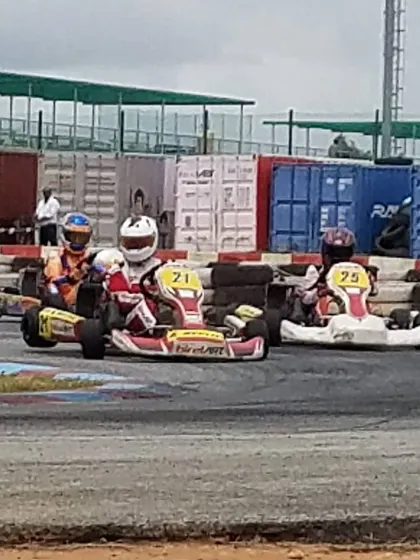Two of our Birel ART karts in a tight battle, showcasing the intense competition in the Junior category of the Rotax Indian Championship.