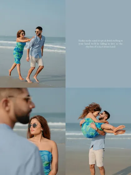 A collage of romantic and playful moments from a pre-wedding beach shoot in Goa.