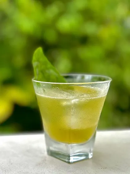 A simple and elegant "smash" cocktail, featuring a vibrant green hue from fresh herbs. Served on the rocks with a single leaf garnish, it's a testament to how great flavors can come from simple ingredients.