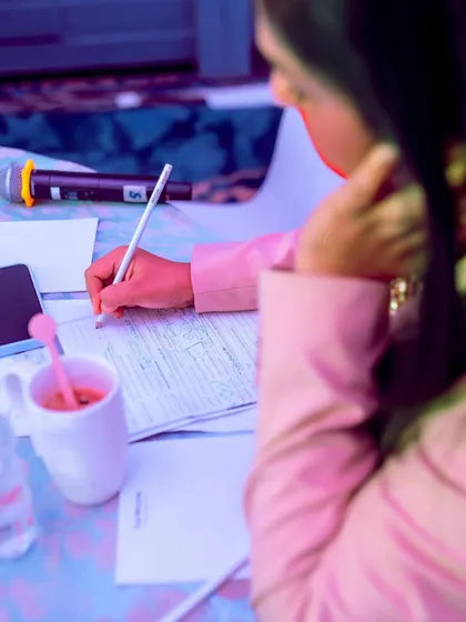 A close-up of my script and notes. Preparation is everything in the world of live events.