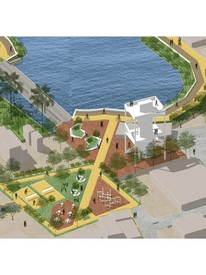 **Lakefront Reconnect, Chennai:** This axonometric drawing shows a proposed activity zone with a playground, exercise area, and a viewing tower, all connected by a network of pathways along the lake edge.